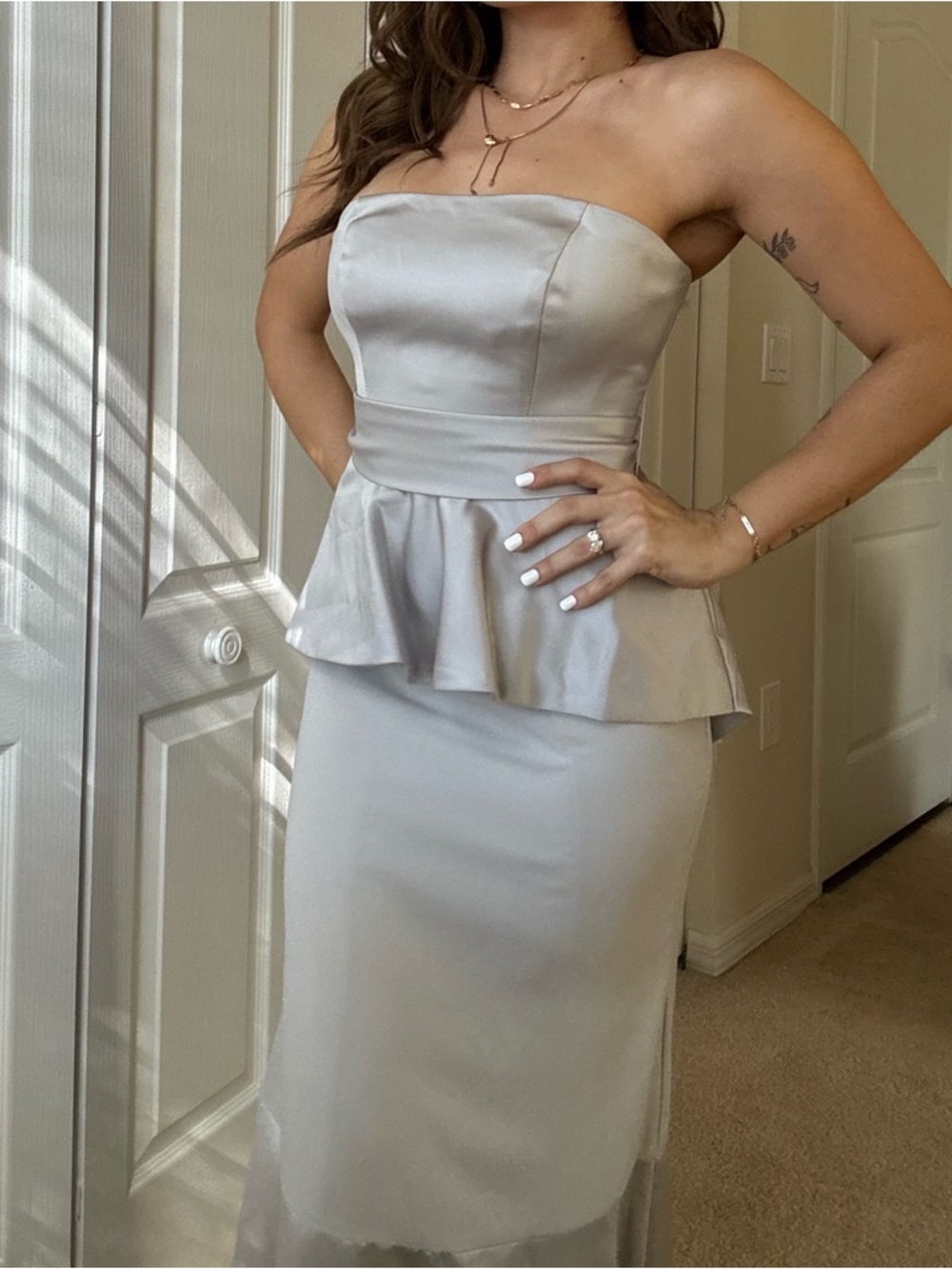 Vera Wang Silver Strapless Peplum Gown